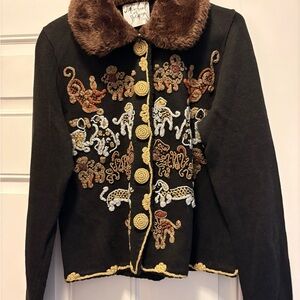 Michael Simon Black Dog / Puppy Sweater w Faux fur collar -90s